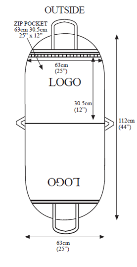 Plan coté d'une housse ATTEX : 112 cm de haut, 63 cm de large, zone de marquage de 63 × 30,5 cm